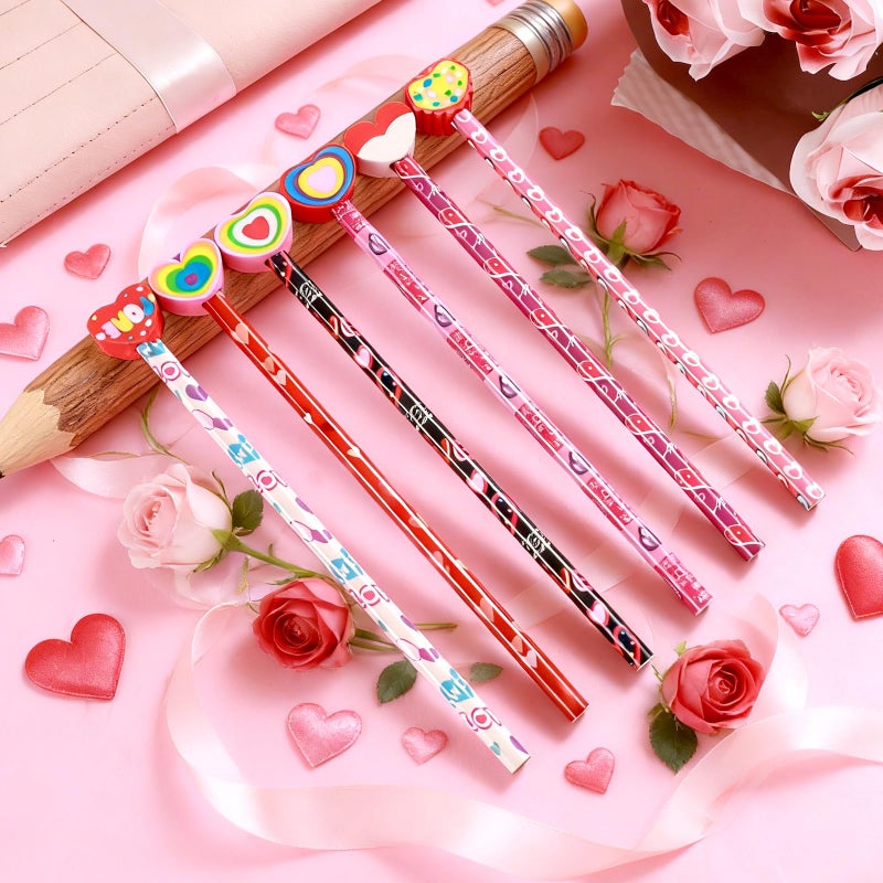 FYXMI 24 Pcs Valentine Pencils Bulk with Erasers, 6 Unique Heart Themed Design for Valentine Goodies Prize Gift Favor Party Supplies - Image 4