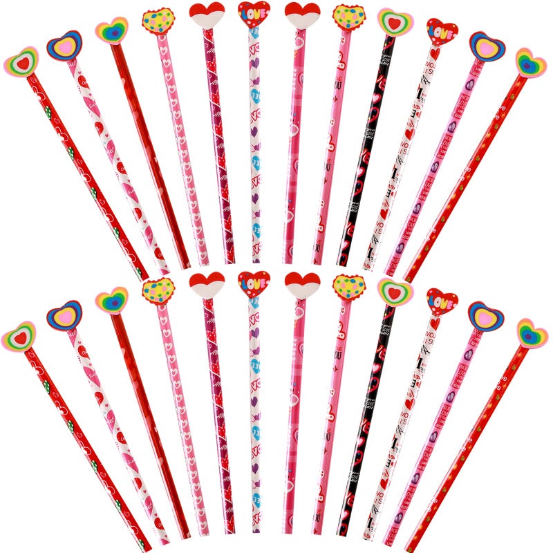 FYXMI 24 Pcs Valentine Pencils Bulk with Erasers, 6 Unique Heart Themed Design for Valentine Goodies Prize Gift Favor Party Supplies - Image 1