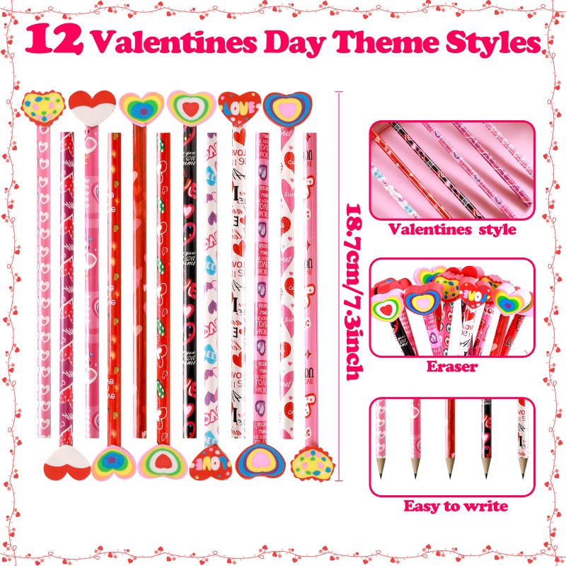 FYXMI 24 Pcs Valentine Pencils Bulk with Erasers, 6 Unique Heart Themed Design for Valentine Goodies Prize Gift Favor Party Supplies - Image 2