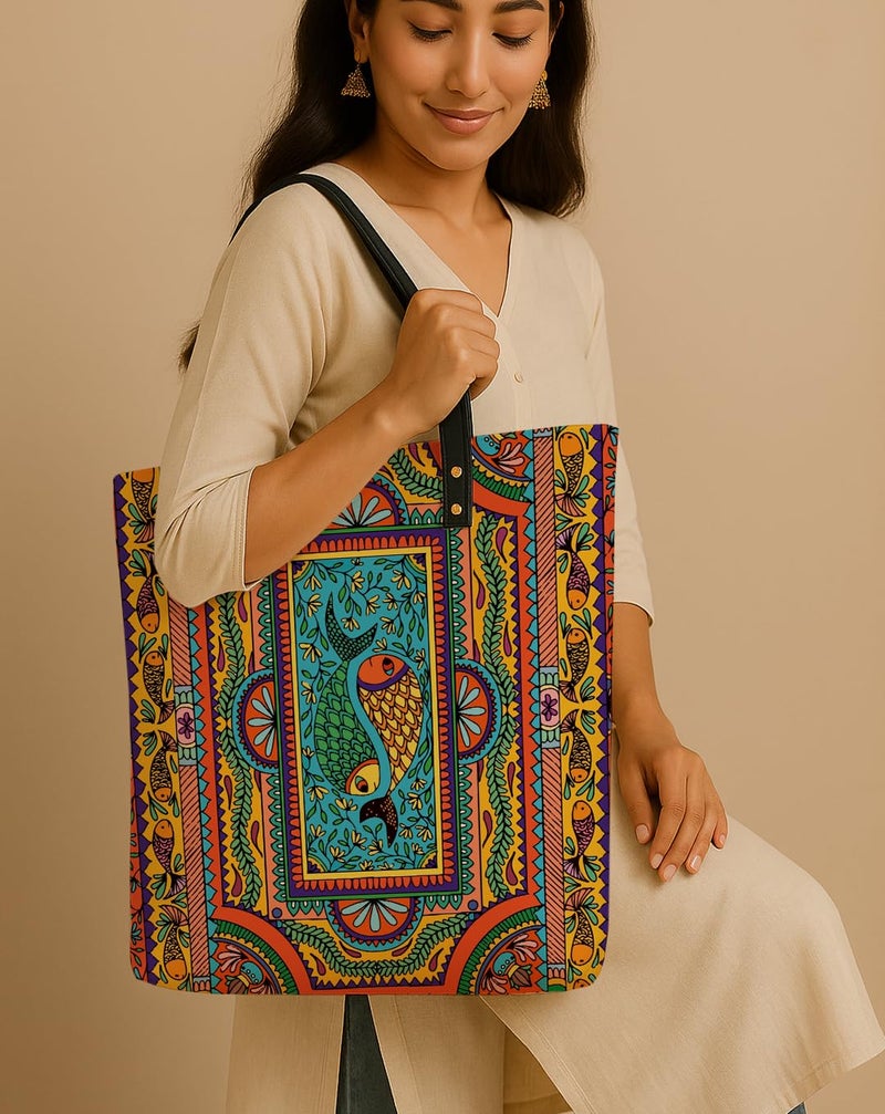 Kalankit Classic Tote Bag For Women | Canvas Printed Totes For Women | Aesthetic Shoulder College Bag For Girls | Vegan Leather Lightweight Everyday Bag | Gift for Woman | Multicolour Mandala - Image 2