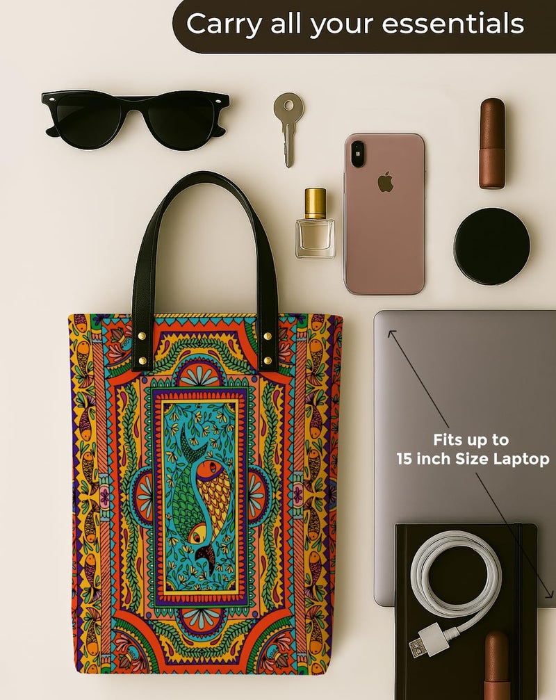 Kalankit Classic Tote Bag For Women | Canvas Printed Totes For Women | Aesthetic Shoulder College Bag For Girls | Vegan Leather Lightweight Everyday Bag | Gift for Woman | Multicolour Mandala - Image 5