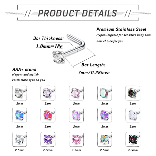 MILACOLATO 18G Nose Rings 316L Surgical Stainless Steel Nose Ring Studs L Shaped Studs Rings CZ Nose Ring Labret Nose Piercing Jewelry for Men Women - Image 2