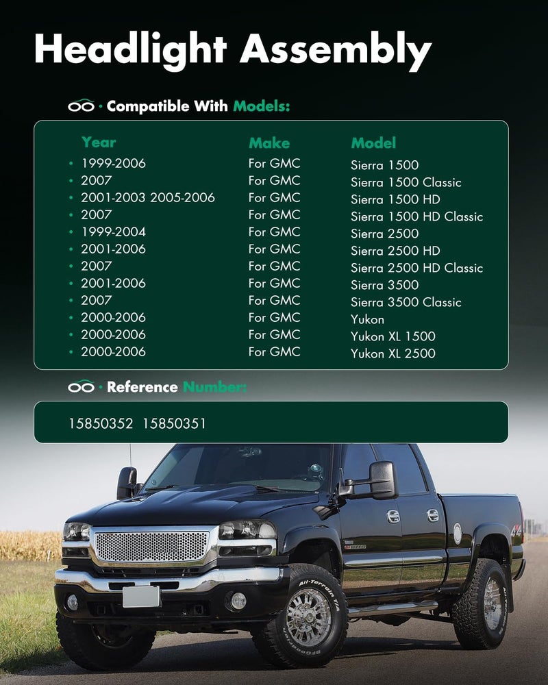 SCITOO Black Headlight Assembly for GMC Sierra 1500 2500 3500 & Yukon 1999-2006 - Image 5