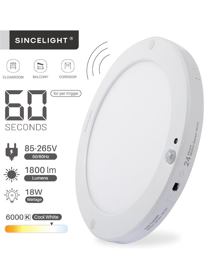 مصباح سقف مزود بمستشعر حركة LED من SINCELIGHT، 18 واط بشكل لوحة رفيعة، تشغيل/إيقاف تلقائي، وضع مستشعر مزدوج قابل للتبديل - Image 2