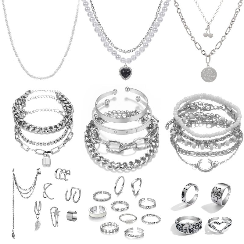 IFKM 36 Piece Silver Plated Jewelry Set - 3 Necklaces, 12 Bracelets, 7 Ear Cuffs, 14 Knuckle Rings for Women - Valentine, Anniversary, Birthday Gifts - Image 1