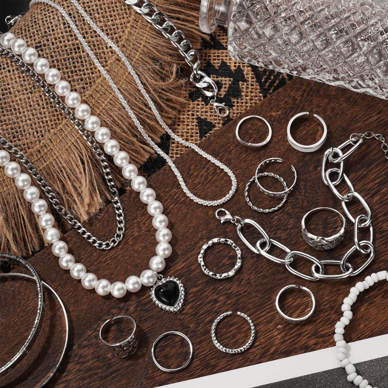IFKM 36 Piece Silver Plated Jewelry Set - 3 Necklaces, 12 Bracelets, 7 Ear Cuffs, 14 Knuckle Rings for Women - Valentine, Anniversary, Birthday Gifts - Image 2