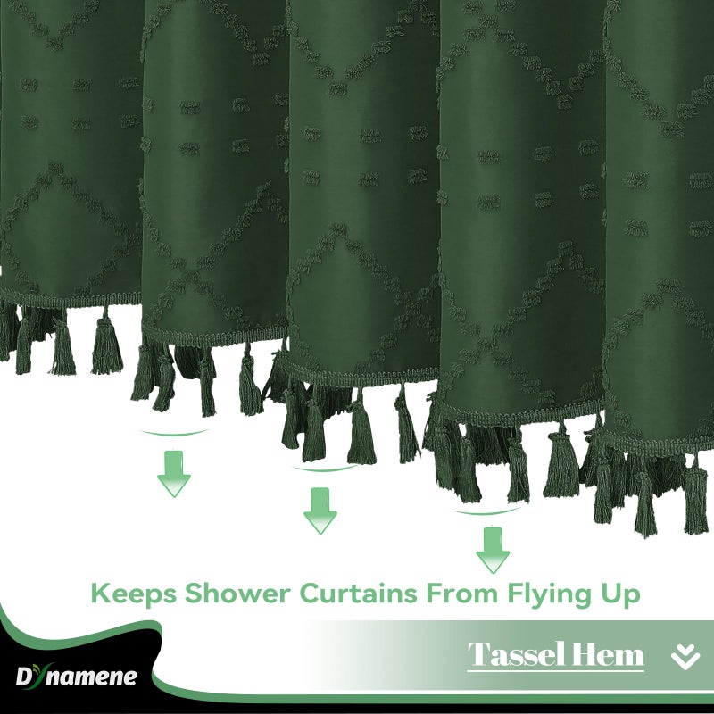 Dynamene Dark Green Fabric Shower Curtain  Boho Tufted Geometric Striped Tassel Shower Curtain for Bathroom  Shabby Chic Textured Farmhouse Waterproof Cloth Shower Curtain Set  Wrinkle Free  72x72 - Image 3