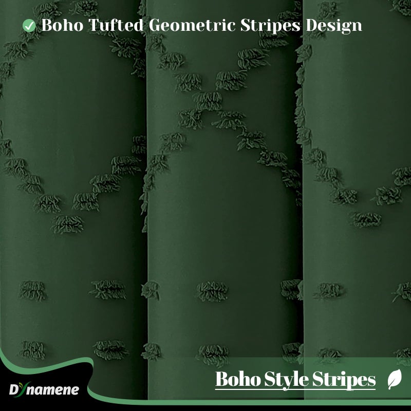Dynamene Dark Green Fabric Shower Curtain  Boho Tufted Geometric Striped Tassel Shower Curtain for Bathroom  Shabby Chic Textured Farmhouse Waterproof Cloth Shower Curtain Set  Wrinkle Free  72x72 - Image 1