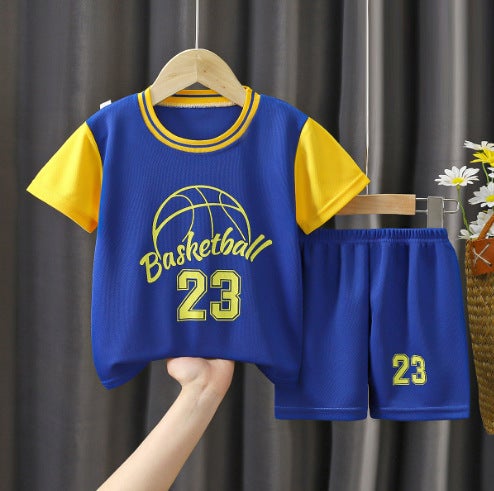 2024 Kids Summer Sports Jersey Set Boys Short Sleeve Vest Shorts PB -- blue sleeve yellow No. 23 