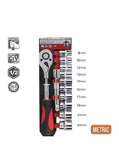Flareza Flareza 12 in 1 Heavy Duty Socket Set 12 Chrome Vanadium Steel Hex Socket and Ratchet Spanner Multi Tool kit  - Image 3