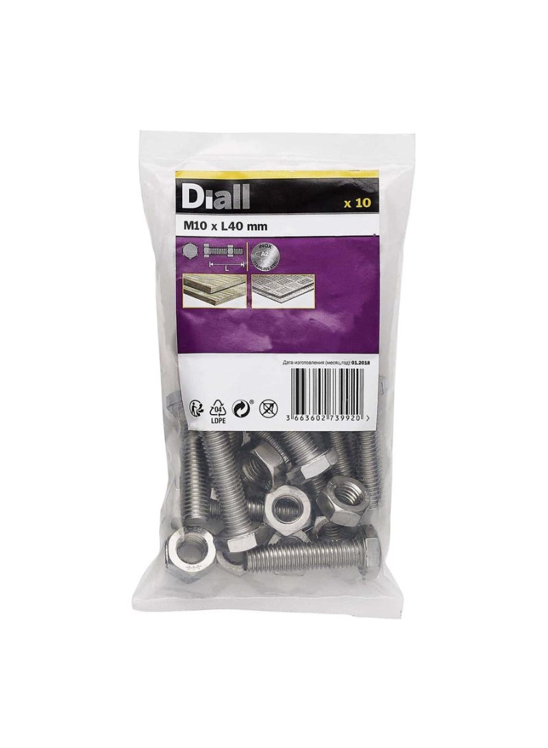 M10 Hex A2 Stainless Steel Bolt And Nut 40 Mm 10 Piece