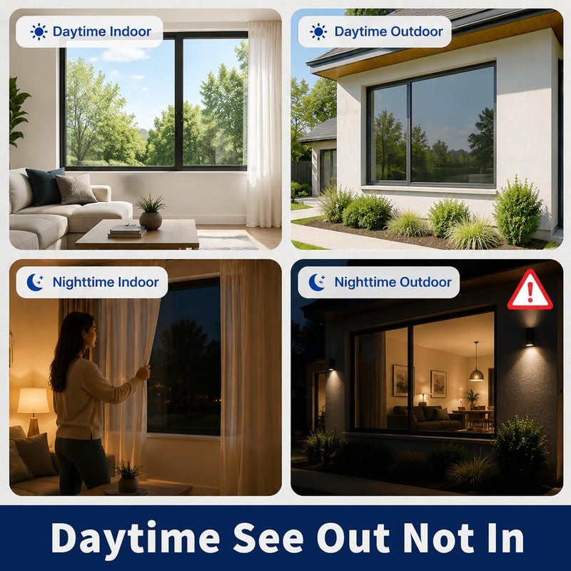 WPCTEV One Way Window Film Daytime Privacy Static Cling Self Adhesive House Film Glass Window Tint Heat Control Mirror Film Black & Silver 6 Mil 17.5 Inch x 16.4 Feet - Image 2