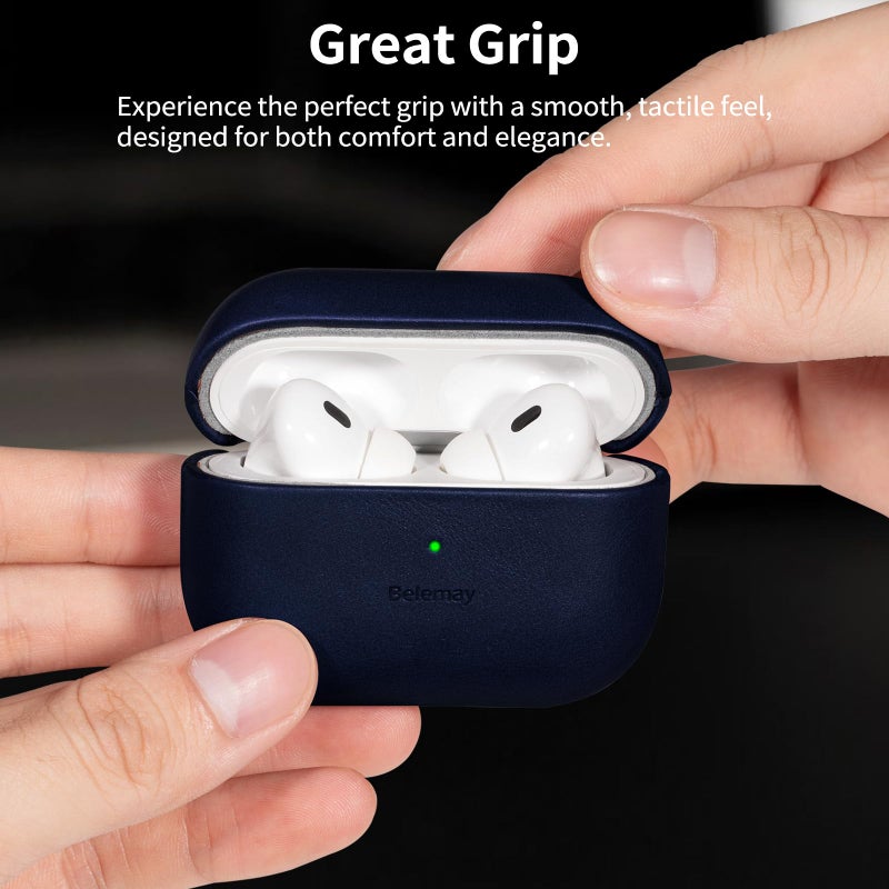 Belemay Handcrafted Full-Grain Vegetable-Tanned Leather Case for AirPods Pro 3rd Gen (2025), Classy Two-Tone Effect, Natural Patina, Compatible with MagSafe, Compatible with Airpods Pro 3, Navy Blue - Image 3
