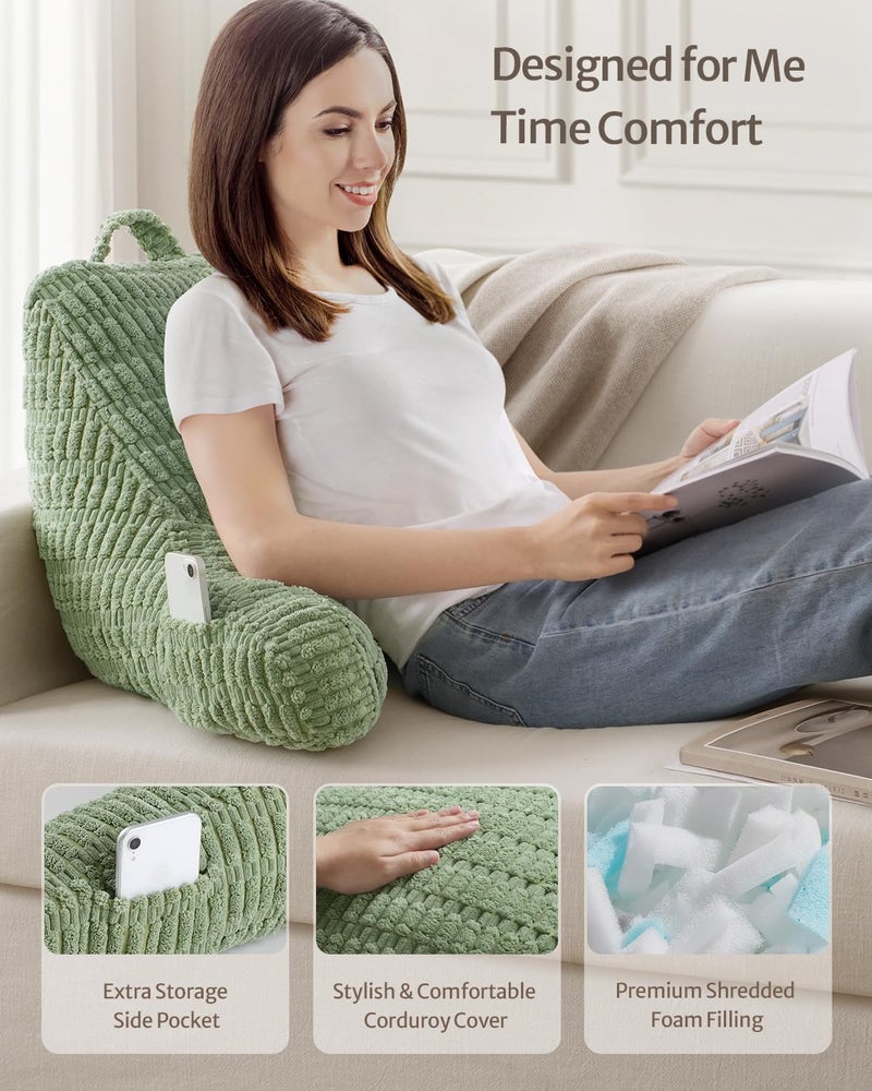 Blissful Diary Reading Pillow, Backrest Pillow with Shredded Memory Foam for Adult & Children, Designed for Bed and Couch Sitting Up, Includes Arms, Pockets and Washable Cover, Sage Green - Image 2