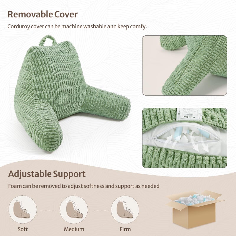 Blissful Diary Reading Pillow, Backrest Pillow with Shredded Memory Foam for Adult & Children, Designed for Bed and Couch Sitting Up, Includes Arms, Pockets and Washable Cover, Sage Green - Image 5