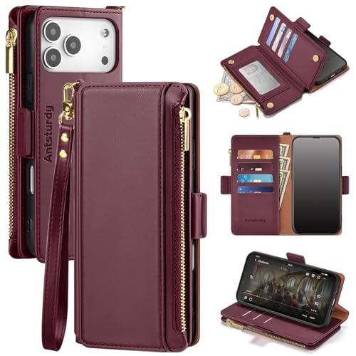 Antsturdy Compatible with iPhone 17 Pro Max Wallet Case WomenRFID Blocking PU Leather Phone Case Men Kickstand Flip Cover Wrist Strap Zipper Credit Card Holder Slots for Apple 17 Pro MaxWine Red - Image 1