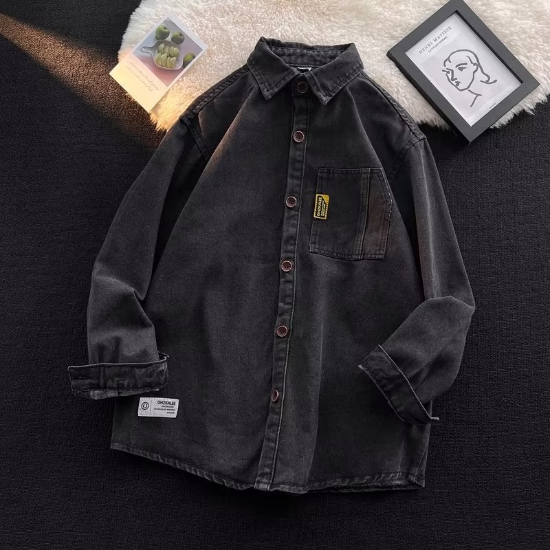 Long Sleeve Denim Work Shirt Mens Trendy X317 Black - Image 1