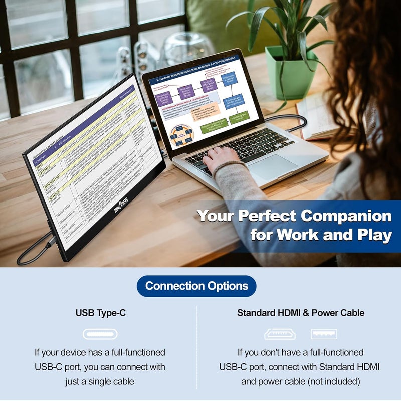 INNOVIEW 15.6" FHD IPS Black Portable Monitor,Ultra-slim with Stand & Storage Pouch,USB-C Plug & Play,HDMI Built-in Speakers,Compatible with Mac PC Phone for Office Gaming & Travel - Image 3