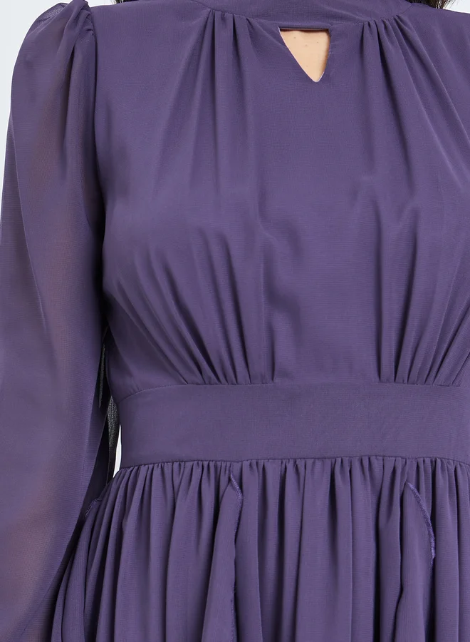 Styli plum Purple Ruffled Detail A-Line Midi Dress for Women | Best Price UAE
