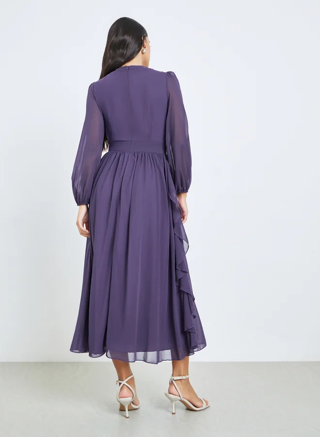 Styli plum Purple Ruffled Detail A-Line Midi Dress for Women | Best Price UAE