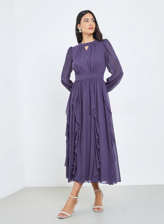 Styli plum Purple Ruffled Detail A-Line Midi Dress for Women | Best Price UAE