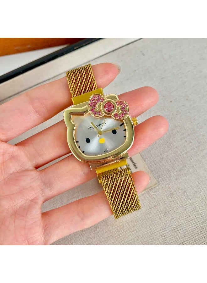 Golden Elegant Bow Magnetic Clasp Watch – Hello Kitty Theme Minimalist Strap Watch for School Girls