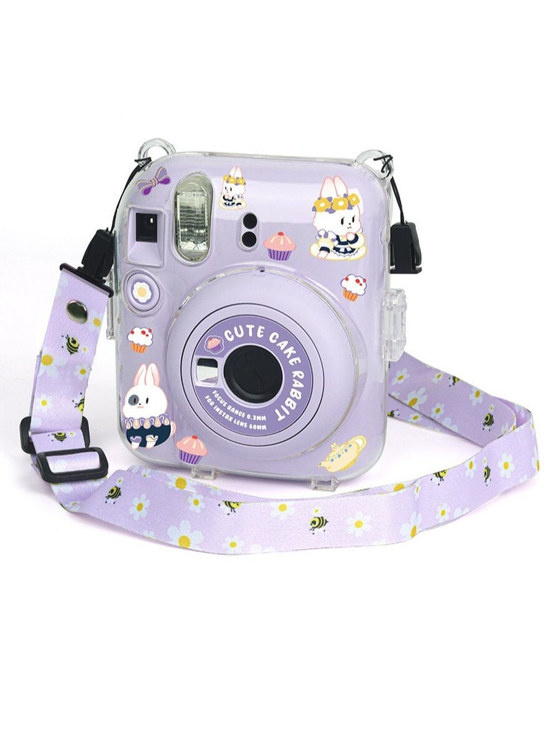 Clear Camera Case for Fujifilm Instax Mini 12 Instant Camera,Mini 12 Hard Case with Photo Pocket Holds on Back and Adjustable Shoulder Strap  Cute Camera Sticker (Purple) - Image 1