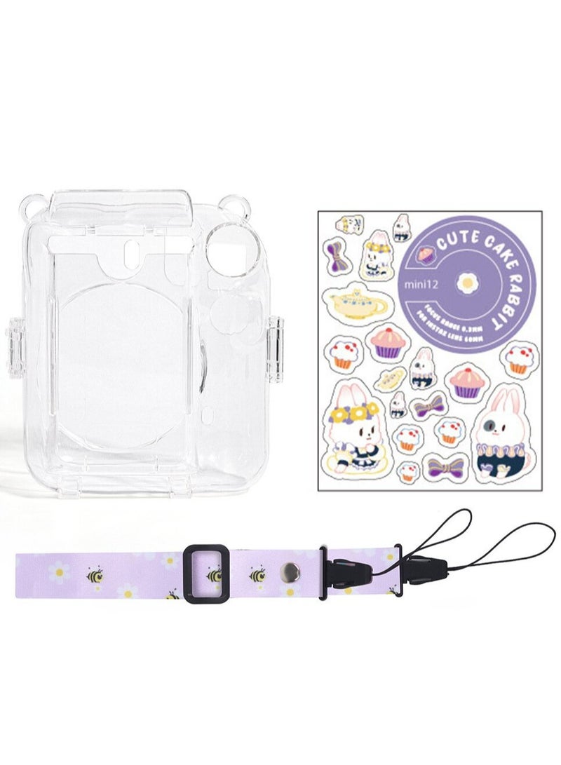 Clear Camera Case for Fujifilm Instax Mini 12 Instant Camera,Mini 12 Hard Case with Photo Pocket Holds on Back and Adjustable Shoulder Strap  Cute Camera Sticker (Purple) - Image 2
