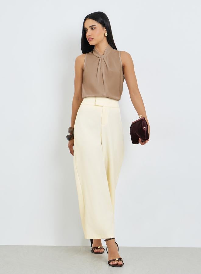 Styli Cream Wide Leg Pants with Extended Waistband - Image 1