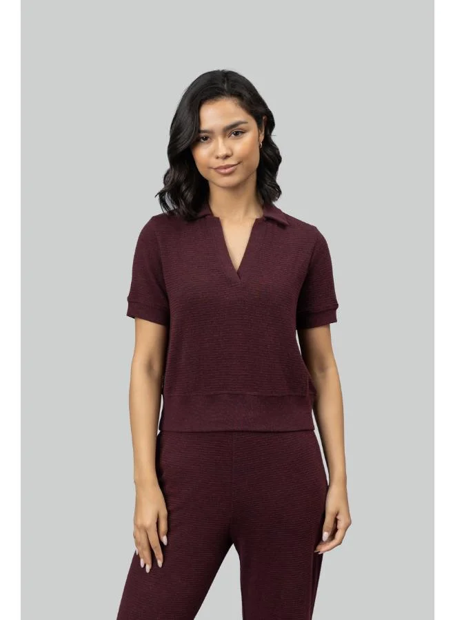 NeceSera Burgundy Ottoman Rib Polo Top