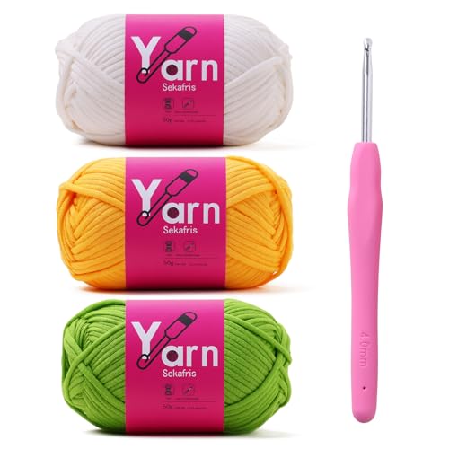 Sekafris Crochet Yarn with Cotton Yarn for Crocheting - Crochet Knitting Yarn for Beginners with Easy-to-See Stitches - Yarns for Crocheting - Chunky Yarns (Golden Yellow+White+Emerald Green) - Image 1