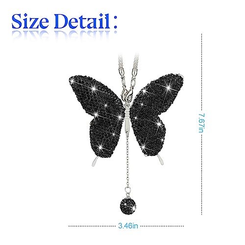 zipelo Bling Butterfly Diamond Car Accessories, Crystal Car Rear View Mirror Charms for Women, Car Decoration Lucky Gifts Hanging Interior Crystal Ornament Pendant Decor for All Cars (Black) - Image 2