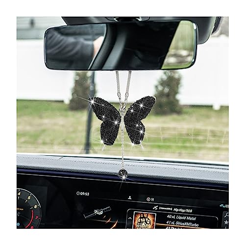 zipelo Bling Butterfly Diamond Car Accessories, Crystal Car Rear View Mirror Charms for Women, Car Decoration Lucky Gifts Hanging Interior Crystal Ornament Pendant Decor for All Cars (Black) - Image 1