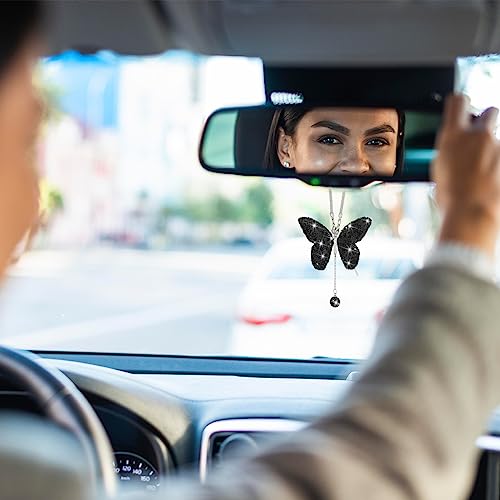 zipelo Bling Butterfly Diamond Car Accessories, Crystal Car Rear View Mirror Charms for Women, Car Decoration Lucky Gifts Hanging Interior Crystal Ornament Pendant Decor for All Cars (Black) - Image 4