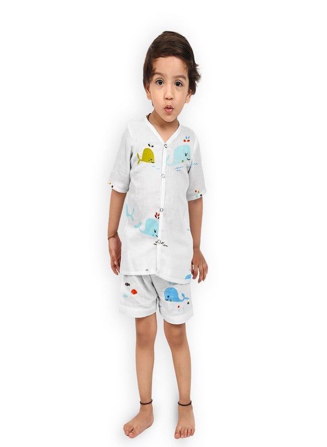 MOM'S HOME Kids Organic Cotton Muslin Co-Ord Set/Shirt & Shorts | Blue Whale (1-2 Years) - Image 1