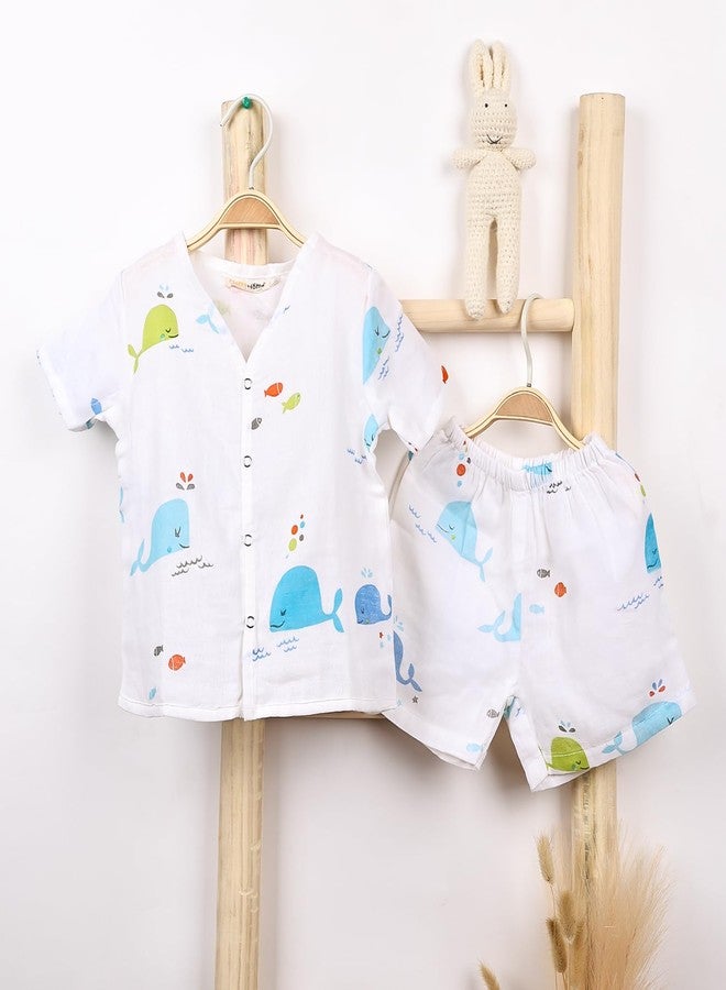 MOM'S HOME Kids Organic Cotton Muslin Co-Ord Set/Shirt & Shorts | Blue Whale (1-2 Years) - Image 2