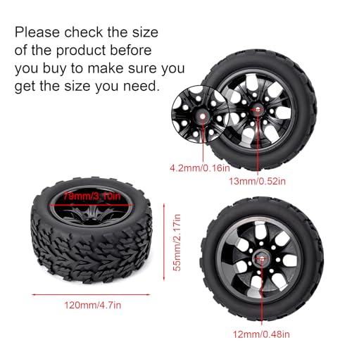 Rowiz 4X 1:10 RC Monster Truck Car Wheels Rubber RC Tires with 7 Spokes Wheel Rim Black RC Parts - Image 4