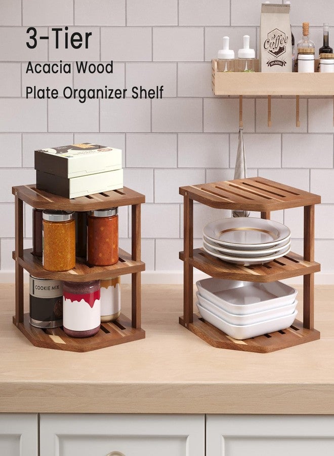 VERTORGAN 3 Tier Acacia Wood Corner Shelf,Dish Drying Rack,Plate Organizer,Kitchen Spice Rack for Countertop and Cabinet,Pantry Organization and Storage - Image 2