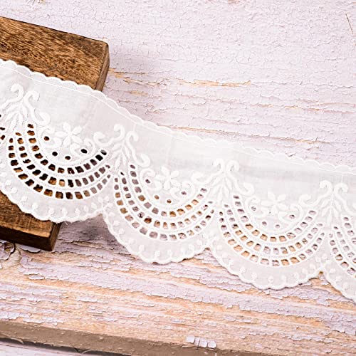 VU100 Scalloped Eyelet Beige Cotton Lace Ribbon Trim, 4 Inches Wide 5 Yards Vintage Crochet Lace Trim Fabric by The Yard, Gift Wrapping for Sewing Crafts DIY Bridal Dress Blankets Wedding Decoration - Image 1