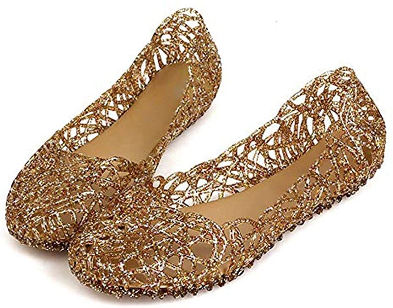 Domucos Womens Sandals Flat Jelly Shoes Slip On Hollow Out Loafers (Gold, 10)-42 - Image 5