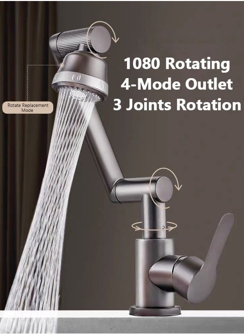 1080 Degree Rotation 4-Mode Outlet Omnidirectional Angle Sink Faucet With Water Inlet Pipe 80cm Grey