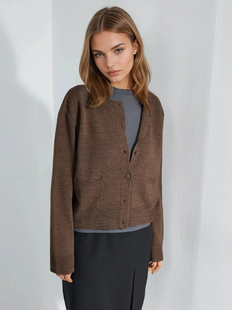 Hiccup Mocha Brown Covered Button Knit Cardigan with Pockets for Women | Best Price UAE