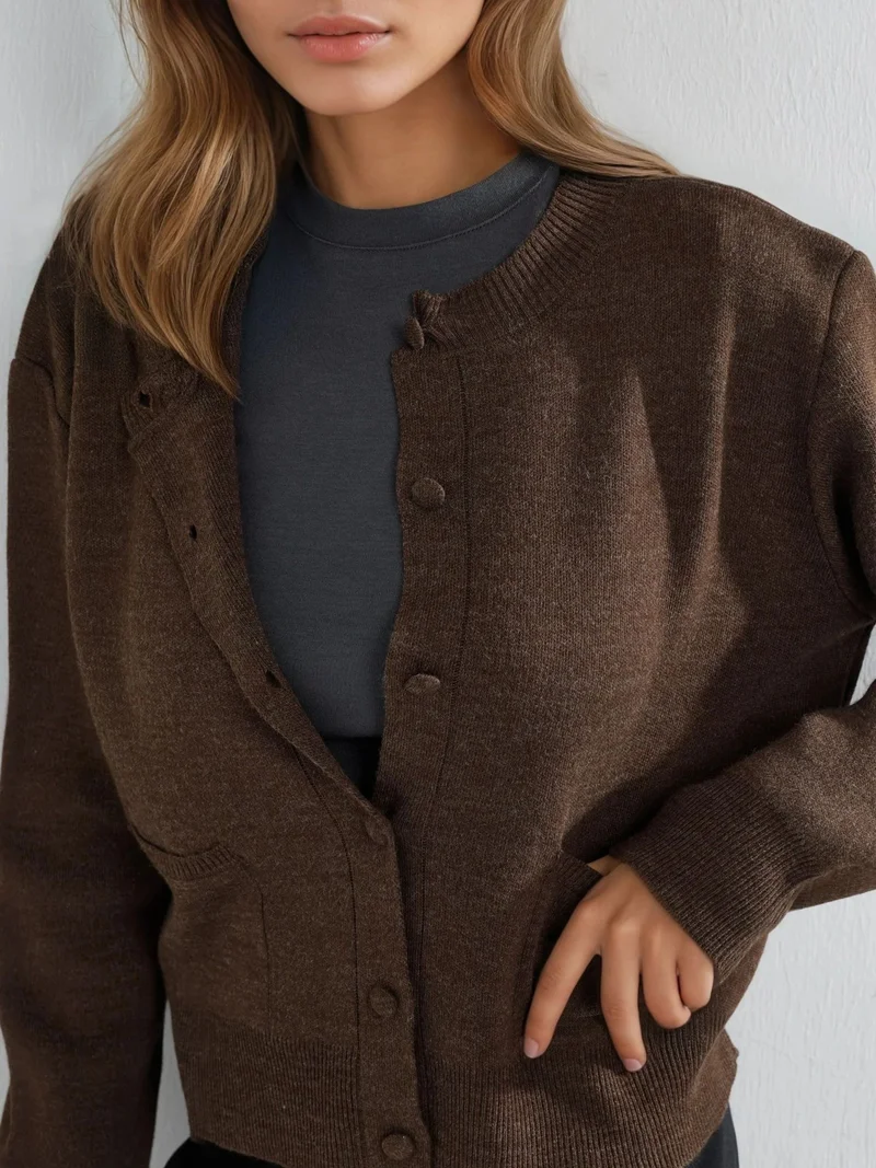 Hiccup Mocha Brown Covered Button Knit Cardigan with Pockets for Women | Best Price UAE