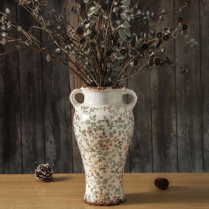 FARMHOUSE VINTAGE VASE WITH HANDLE126 IN CERAMIC CHINOISERIE FLORAL VASEGREEN AND BEIGE DECORATIVE FLOWER VASELARGE RUSTIC VASES FOR HOME DECORS LIVING ROOM BOOKSHELF OFFICE