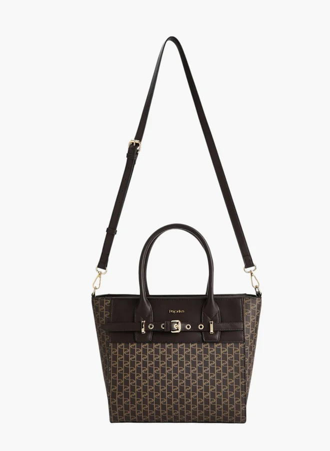 Paprika Monogram Print Tote Bag with Double Handle and Zip Closure