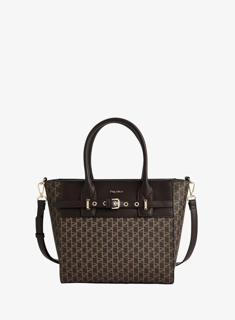 Paprika Monogram Print Tote Bag with Double Handle and Zip Closure