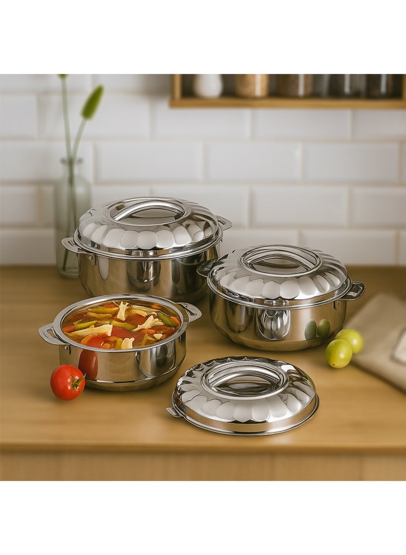 كادي ون طقم حافظات طعام لحفظ الحرارة مصنوع من الإستانلس ستيل مكون 3 قطع (5000+7500+10000) مل، وعاء حفظ الطعام، كسرولة للطهي بمقابض عازلة للحرارة - Image 1