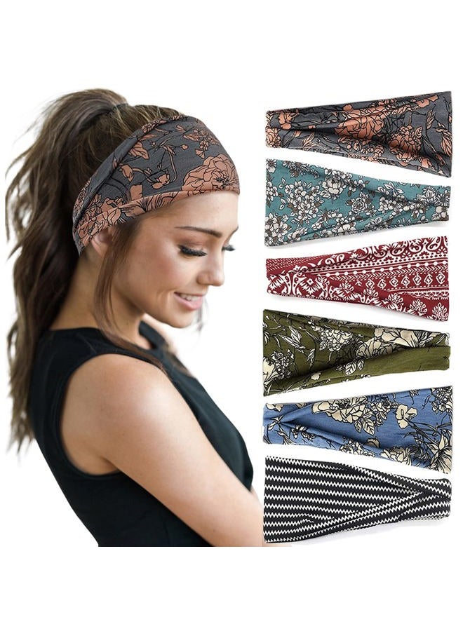 Huachi Boho Headbands - Wide Non-Slip Hair Accessories for Women's Yoga, Workout and Summer, 6 Pack - Image 1