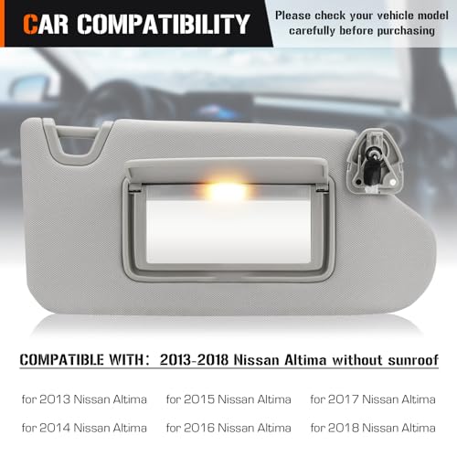AEagle Left & Right Sun Visor with Vanity Light for 2013-2018 Nissan Altima Without Sunroof, Driver & Passenger Side Gray Sunvisor Replacement 96400-3TA2A - Image 2