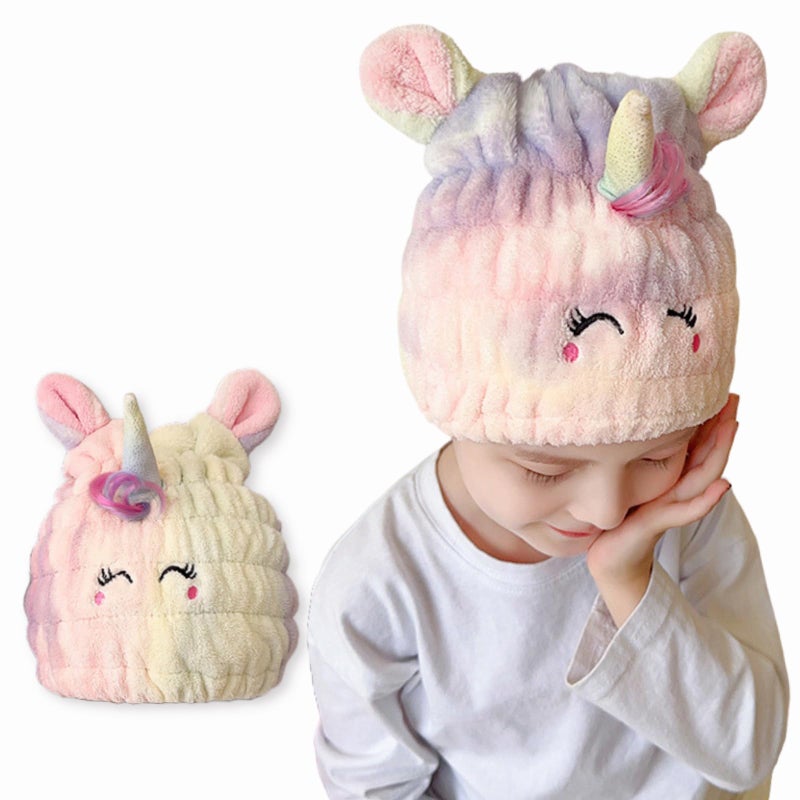 LCBD Microfiber Hair Towel Wrap for Kids, Unicorn Dry Hair Cap Suck Water, Absorbent Quick Girls Boys Hair Drying Towel, Lightweight Bouncy Hat Headscarf for Wet Hair - Image 1